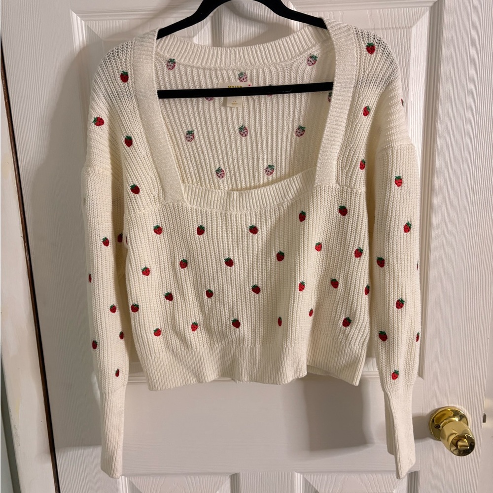 Anthropologie Maeve Embroidered Strawberry Sweater Cotton Size Large Petite